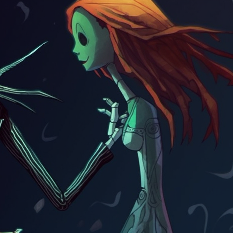 Two characters, unique angular style reminiscent of the nightmare before christmas, under the midnight sky with expressive poses. creating matching pfp with nightmare before christmas halloween theme pfp for discord.