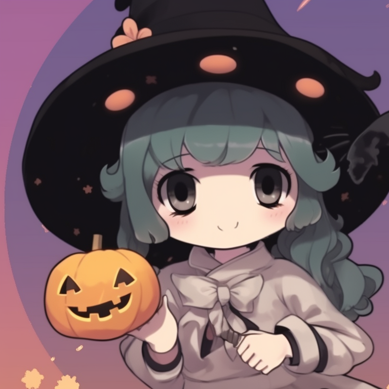 Two characters dressed as playful witches, pastel colors and soft shading with Halloween-themed details and motifs. cute halloween matching meme pfp for best friends pfp for discord.
