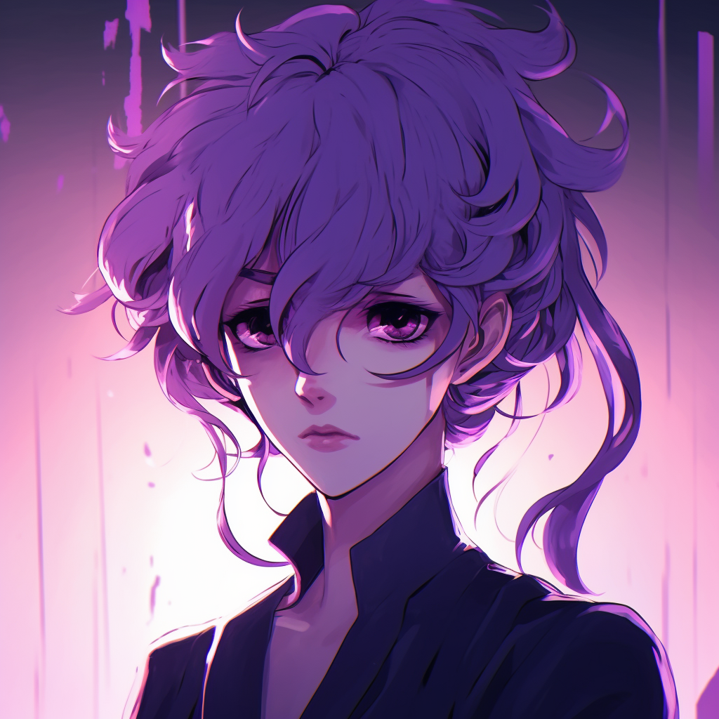 Anime character with glistening purple eyes and radiant colors. vibrant purple anime pfp pfp for discord.