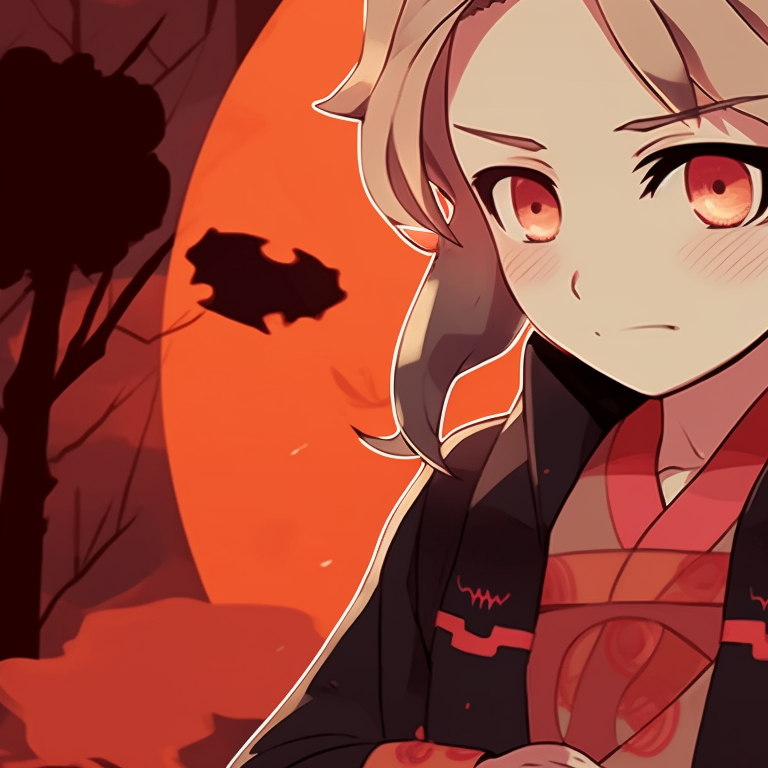 Zenitsu and Nezuko in matching Candy corn-colored outfits, standing amidst a Halloween-themed background. matching profile pictures zenitsu and nezuko pfp for discord.