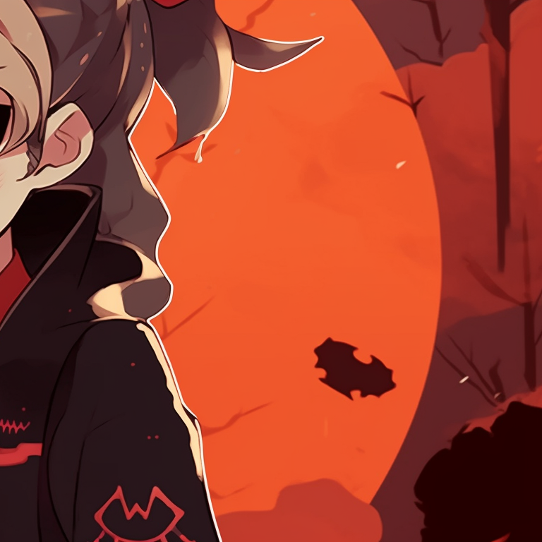 Zenitsu and Nezuko in matching Candy corn-colored outfits, standing amidst a Halloween-themed background. matching profile pictures zenitsu and nezuko pfp for discord.