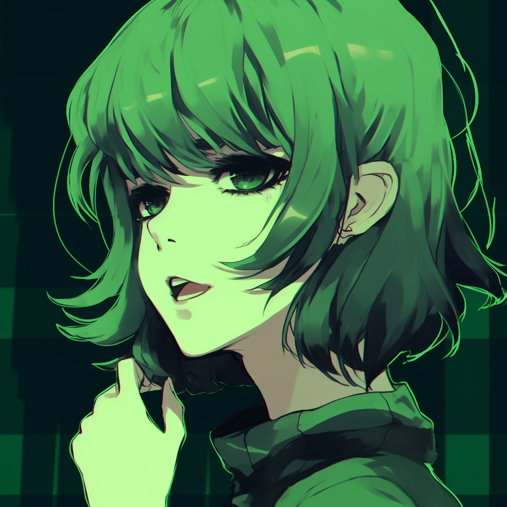 Portrait of a green-haired anime character, vibrant color choice and bold outlines. whimsical green anime pfp collection