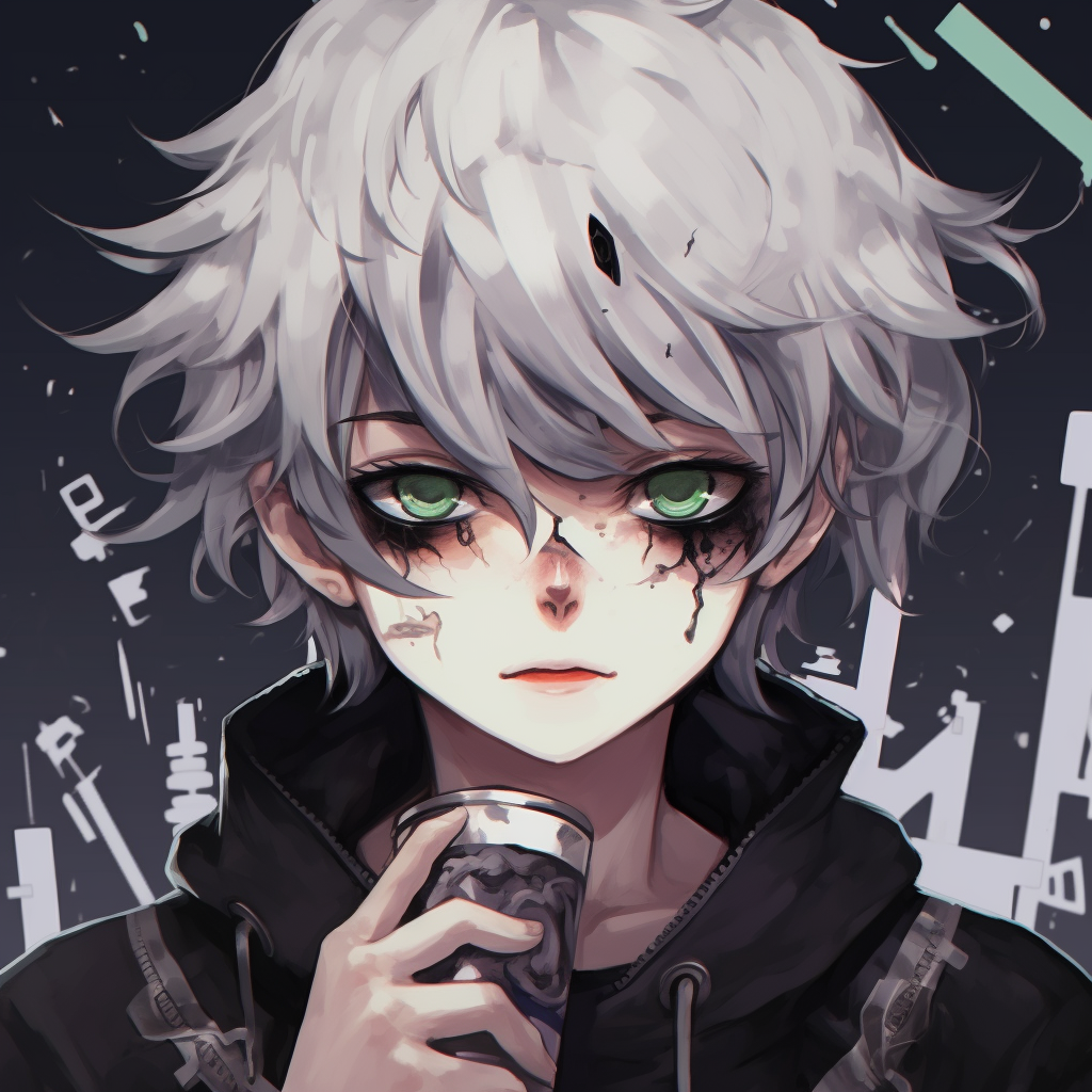 Emo anime boy in the rain, showcasing reflective surfaces and deep, saturated tones. emo pfp anime boys display