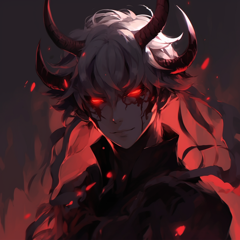A scythe-wielding demon portrayed, bold outlines and intense colors. anime demon pfp aesthetics pfp for discord.