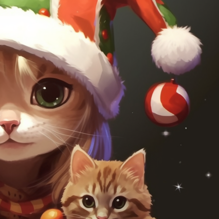 Two cat companions snuggled up in a large Christmas stocking, with a fireside glow illuminating their fur, creating a warm and cozy atmosphere. adorable matching cat pfp christmas visuals pfp for discord.