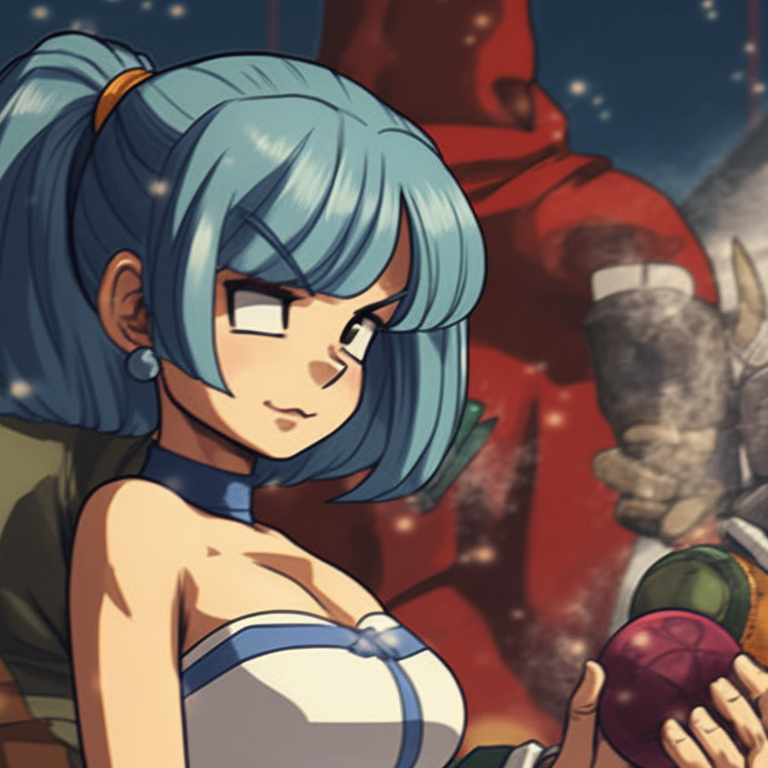 Vividly detailed Vegeta and Bulma in Christmas attire, Dragon Balls festively arranged in the background. christmas dragonball bulma and vegeta matching pfp themes pfp for discord.