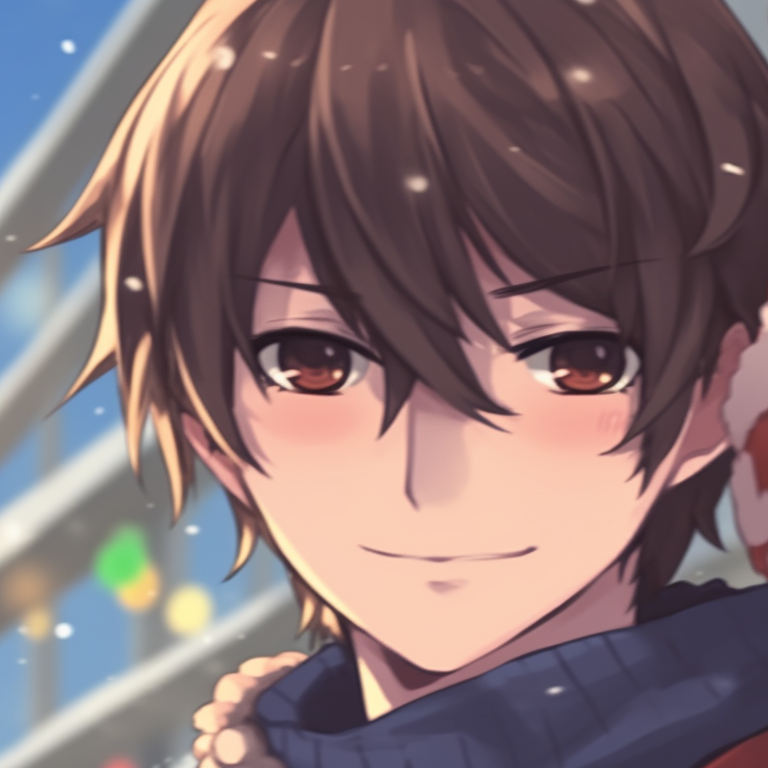 Two characters in matching Christmas sweaters, surrounding with holiday decorations, sharing a warm smile. festive matching christmas pfp anime pfp for discord.