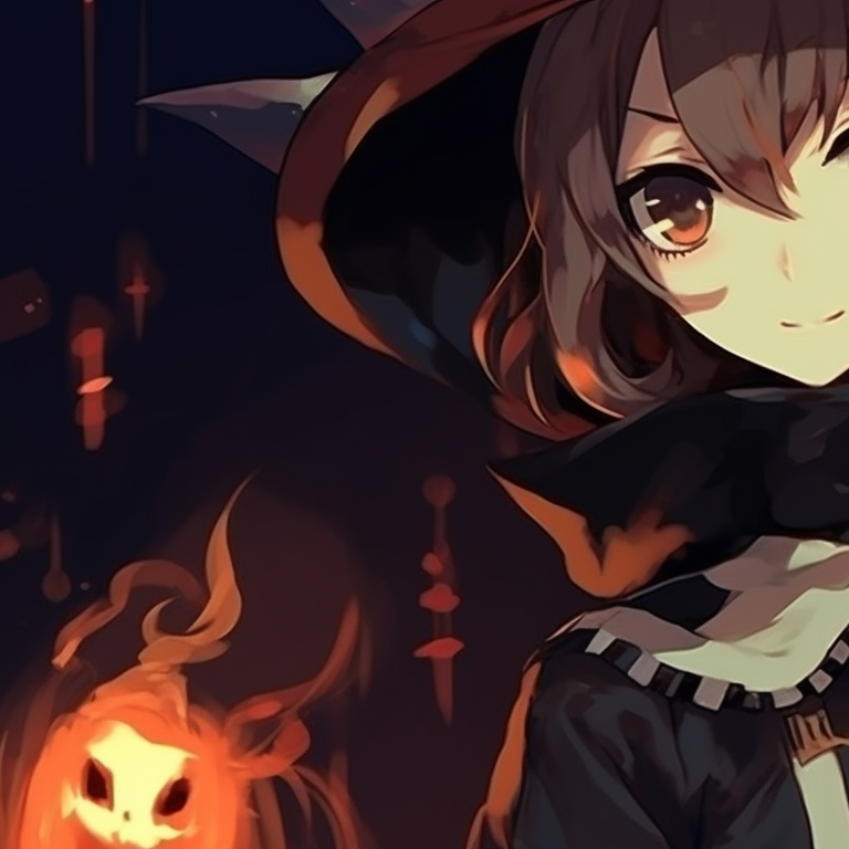 Two characters, dressed in intricate Halloween costumes, colors are a mix of bold and muted tones with shadows to highlight the night. ideal matching aesthetic halloween pfp pfp for discord.