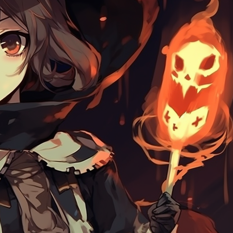 Two characters, dressed in intricate Halloween costumes, colors are a mix of bold and muted tones with shadows to highlight the night. ideal matching aesthetic halloween pfp pfp for discord.