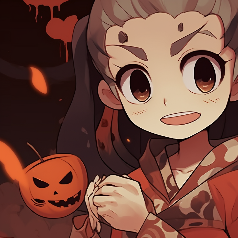 Zenitsu and Nezuko dressed in Halloween costumes, with playful expressions and darker color tones. halloween themed zenitsu and nezuko fanart pfp for discord.