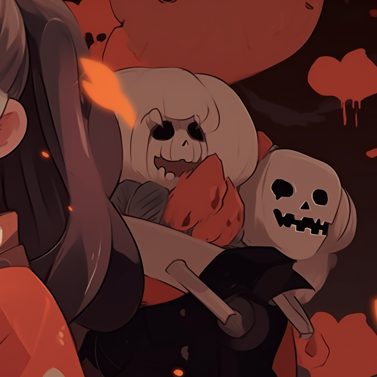 Zenitsu and Nezuko dressed in Halloween costumes, with playful expressions and darker color tones. halloween themed zenitsu and nezuko fanart pfp for discord.