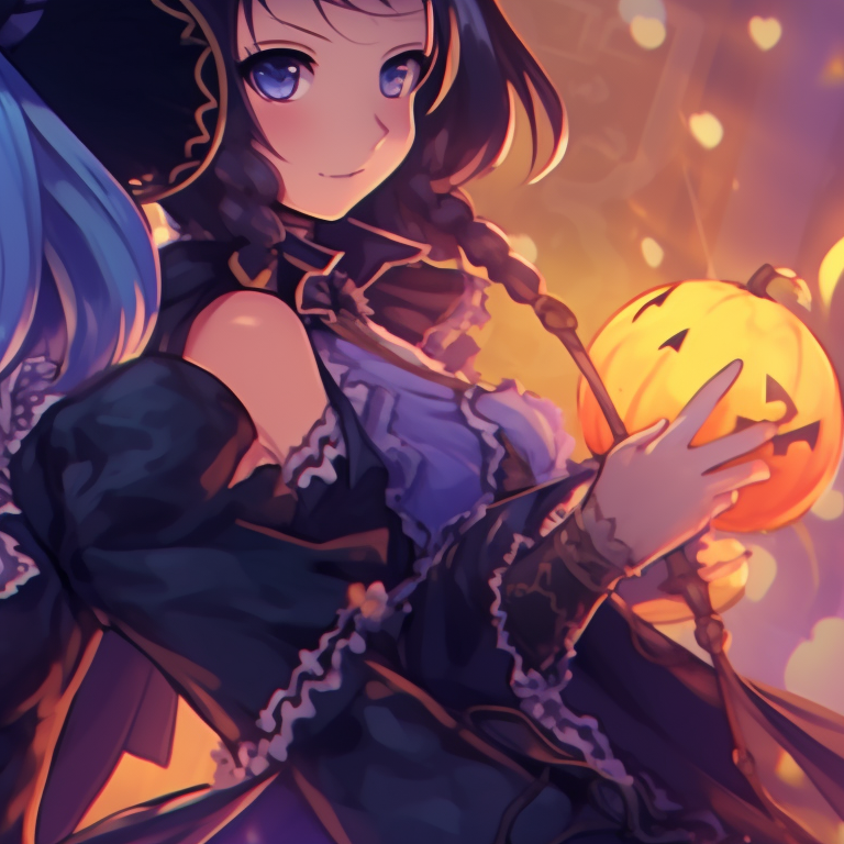 Two characters casting spells, distinct magical auras and black cat details. halloween-themed project sekai matching pfps pfp for discord.