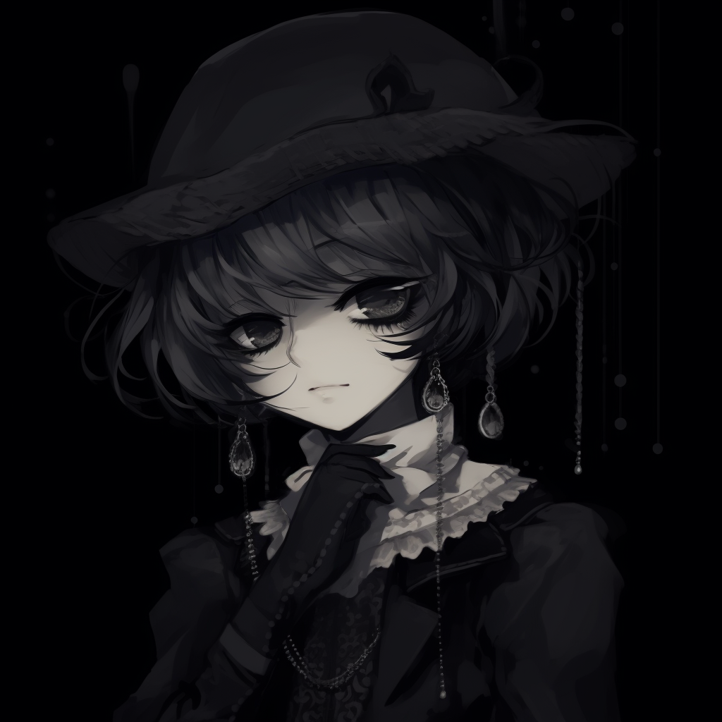 Cute anime character in goth lolita attire against a dark backdrop, cool tones and heavy shading. cute anime pfp dark pfp for discord.