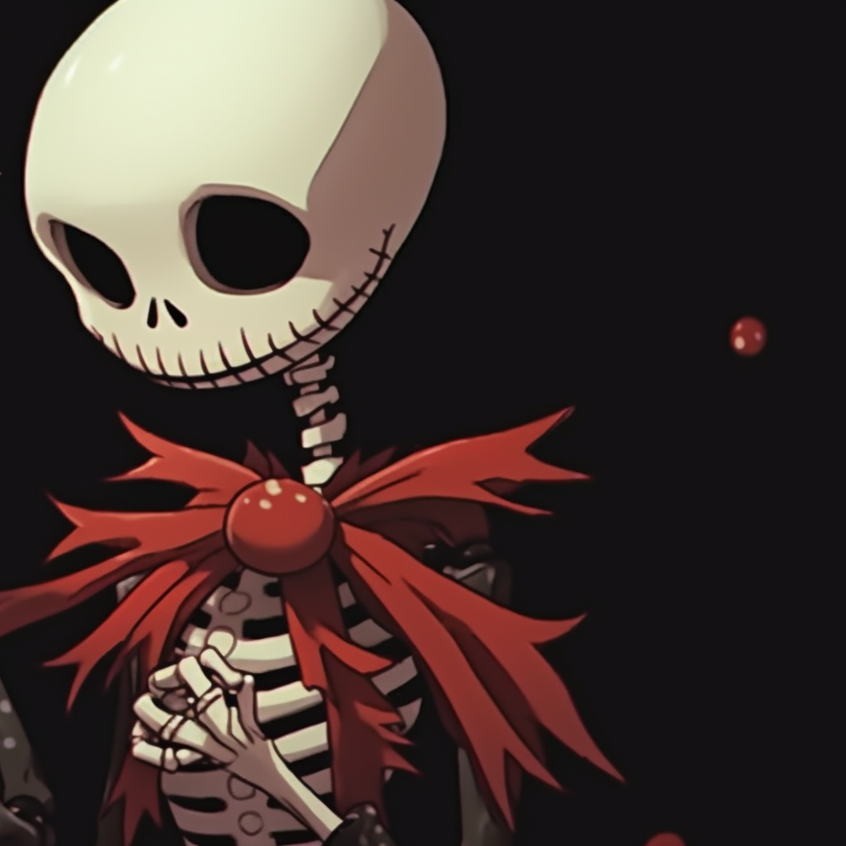 Two skeleton characters in matching sweaters, with pastel tones and a snowy background. cute skeleton matching christmas pfp pfp for discord.