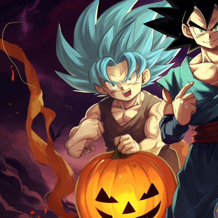 Adorned with pumpkin accessories, Goku and Vegeta in standing positions, warm colors with anime style art. goku and vegeta dragon ball halloween theme pfp pfp for discord.