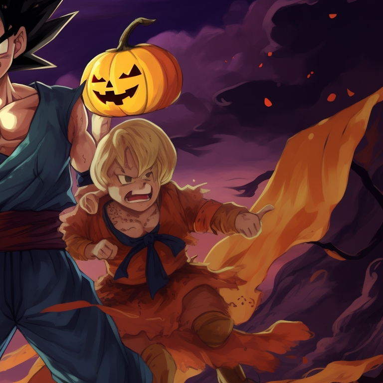 Adorned with pumpkin accessories, Goku and Vegeta in standing positions, warm colors with anime style art. goku and vegeta dragon ball halloween theme pfp pfp for discord.
