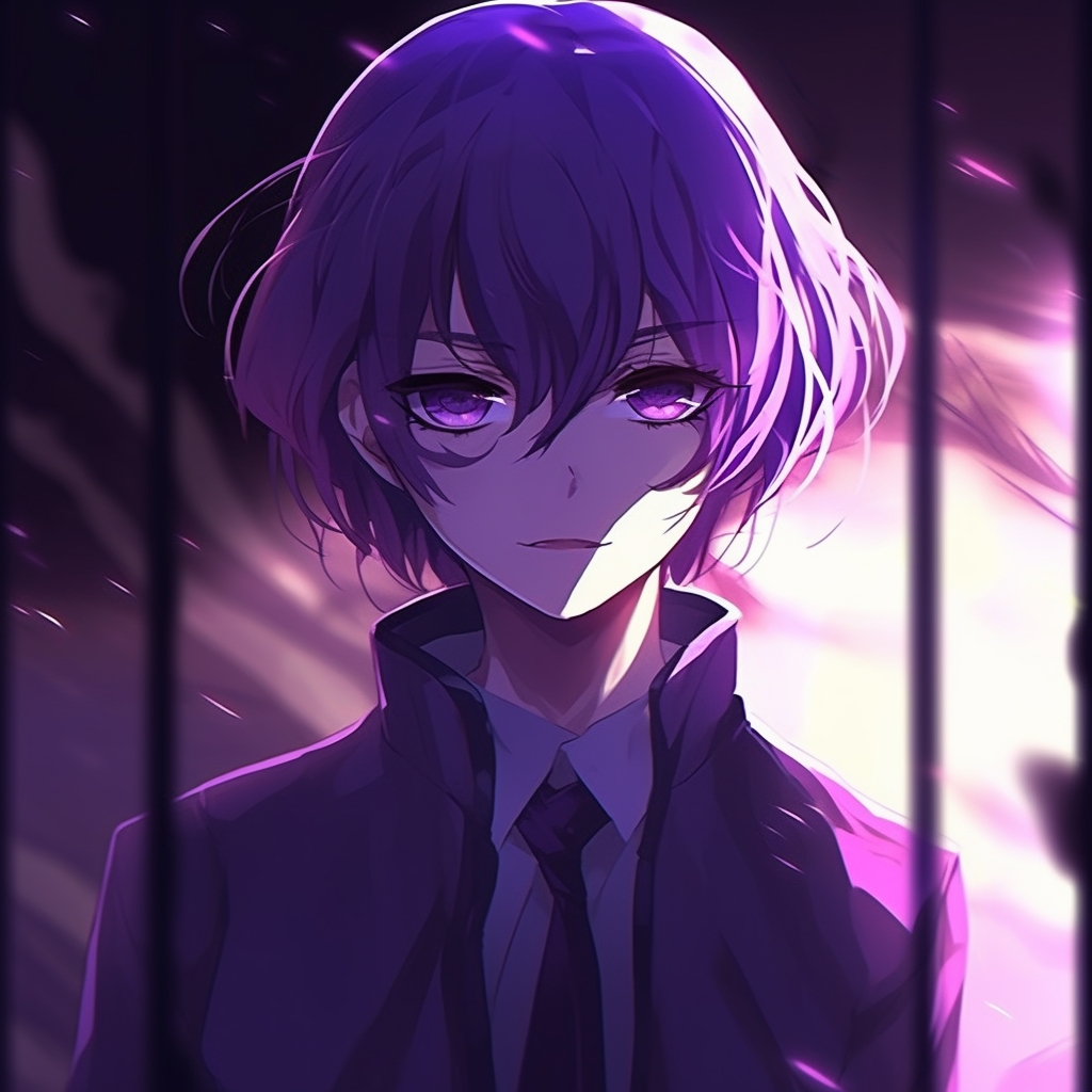 An electrifying anime profile picture glistening in different tones of purple, featuring razor-sharp lines and a bold design. charming purple anime pfp pfp for discord.