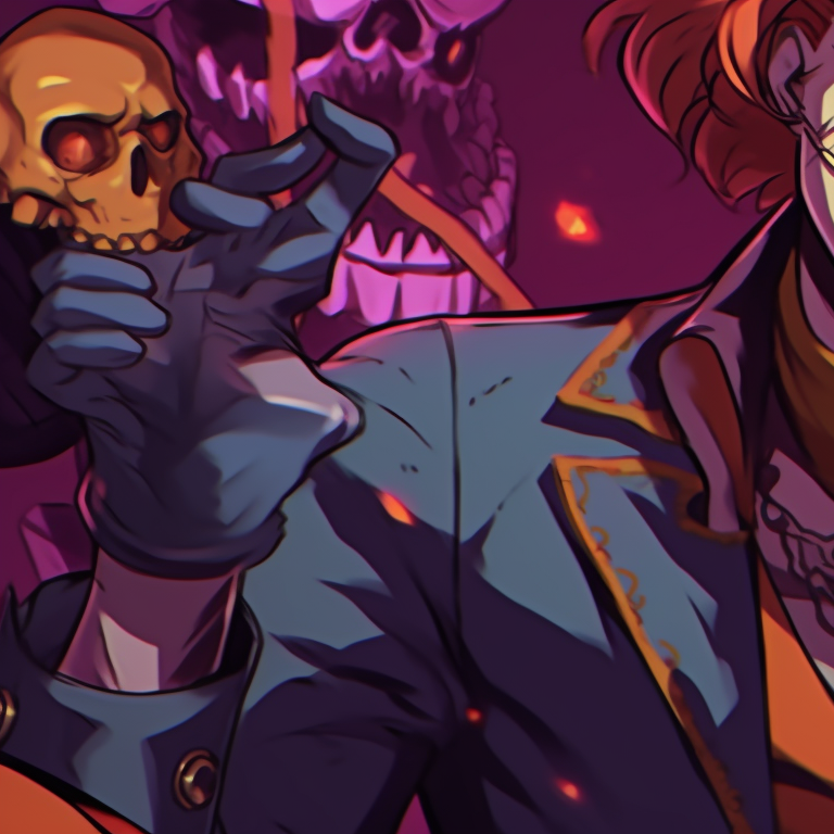 Close-up of two characters, dark color palette and intricate details, atmospheric. jjba themed halloween matching pfp pfp for discord.