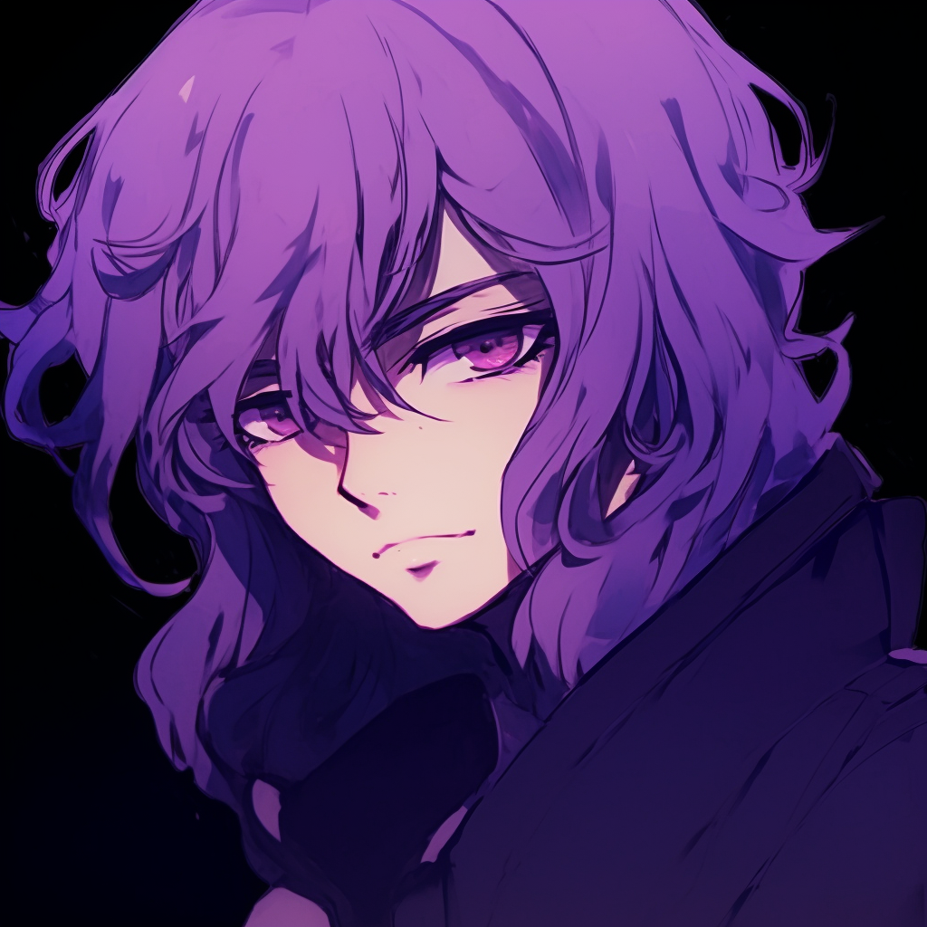 Elegant anime male character with neat purple hair, displaying refined linework and shadows. purple anime male pfp pfp for discord.