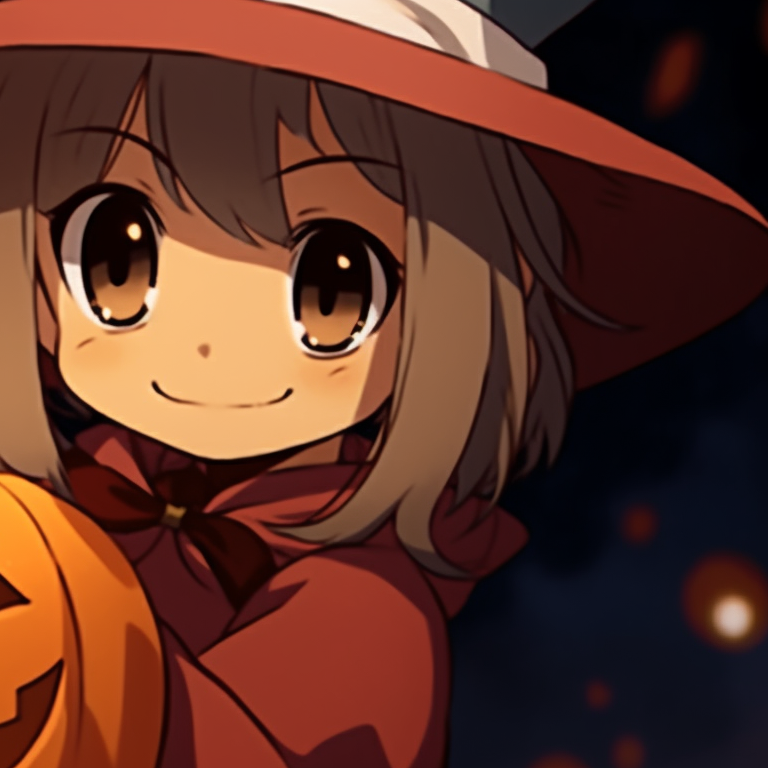 Two anime characters, one whispering to the other, both wearing pumpkin-santa hats. cute matching christmas pumpkin pfp pfp for discord.