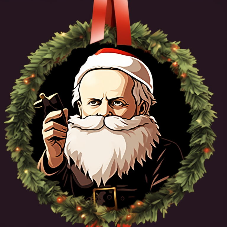 Two images of Michael Myers, one with him unwrapping a lethal Christmas present and another with him standing ominously with a Christmas wreath, creating a chilling contrast between festive elements and his unsettling presence. christmas themed michael myers pfp pfp for discord.