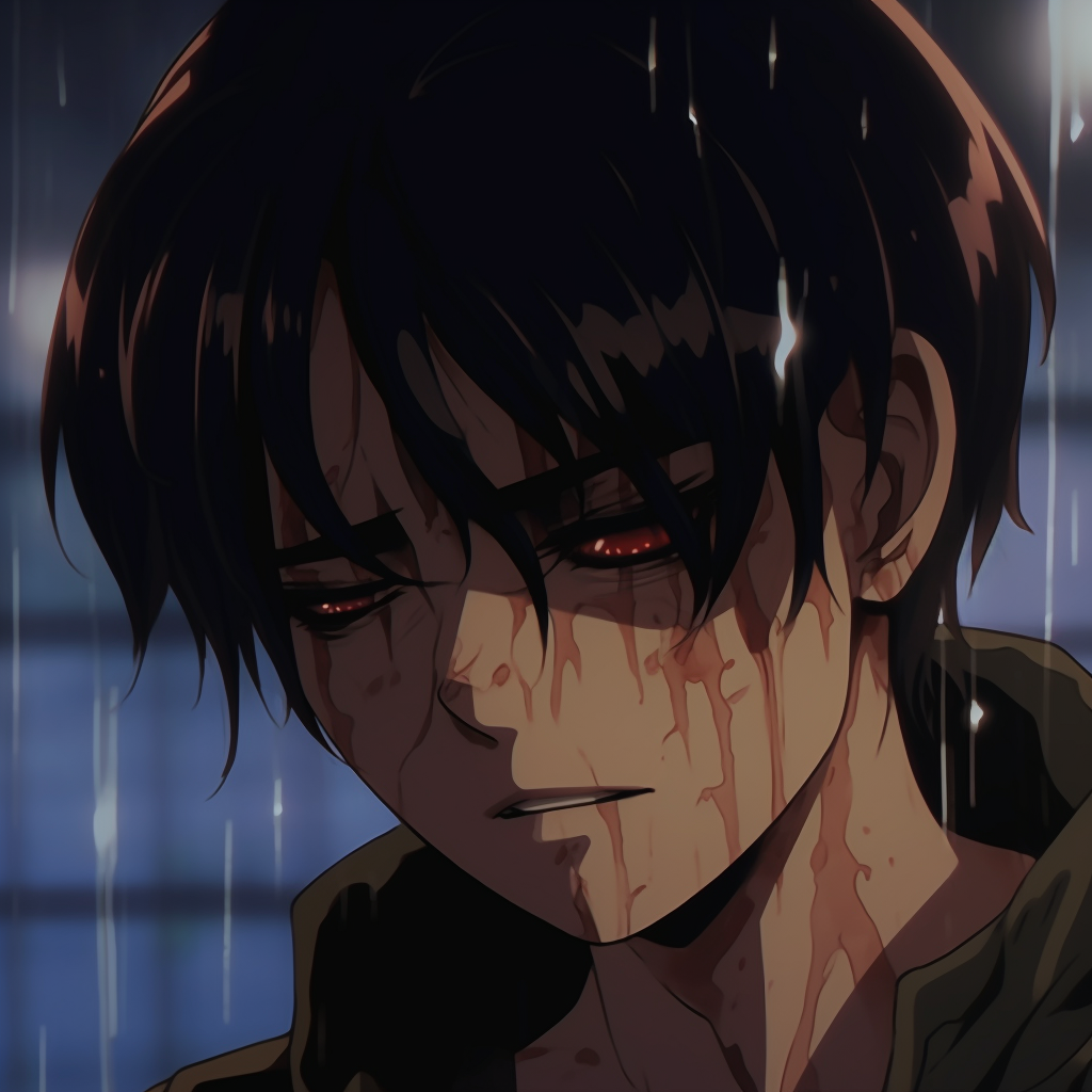 Eren Yeager crying, characterized by deep lines and moody colors. anime depressed pfp: male characters pfp for discord.