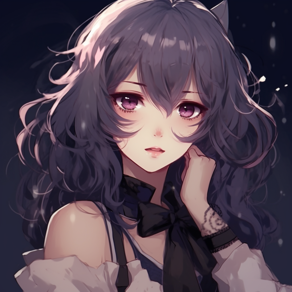 Detailed close-up of Gothic Anime Egirl, focusing on expressive eyes and intricate hair details. cute anime egirl pfp pfp for discord.