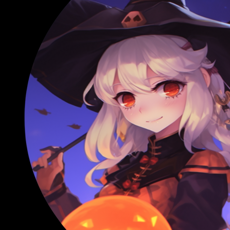 Characters in matching Halloween outfits, orange and purple hues, standing near glowing pumpkins. halloween pfp with genshin elements pfp for discord.