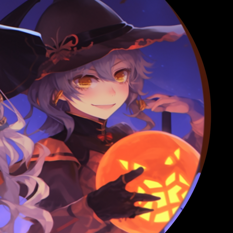 Characters in matching Halloween outfits, orange and purple hues, standing near glowing pumpkins. halloween pfp with genshin elements pfp for discord.