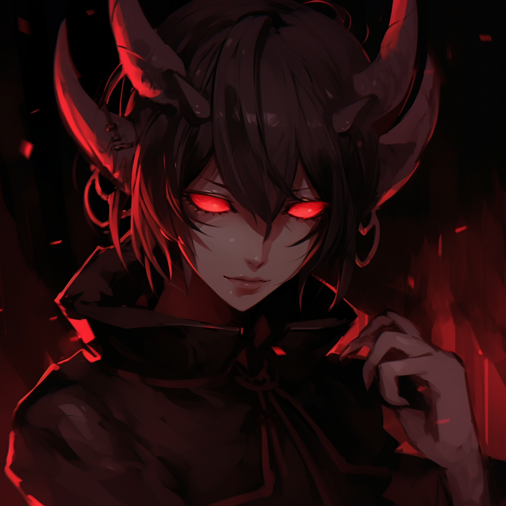 Full-length view of the demon, showing intricate details in clothing and tail, against a dark, abstract background. unique demonic anime pfp pfp for discord.