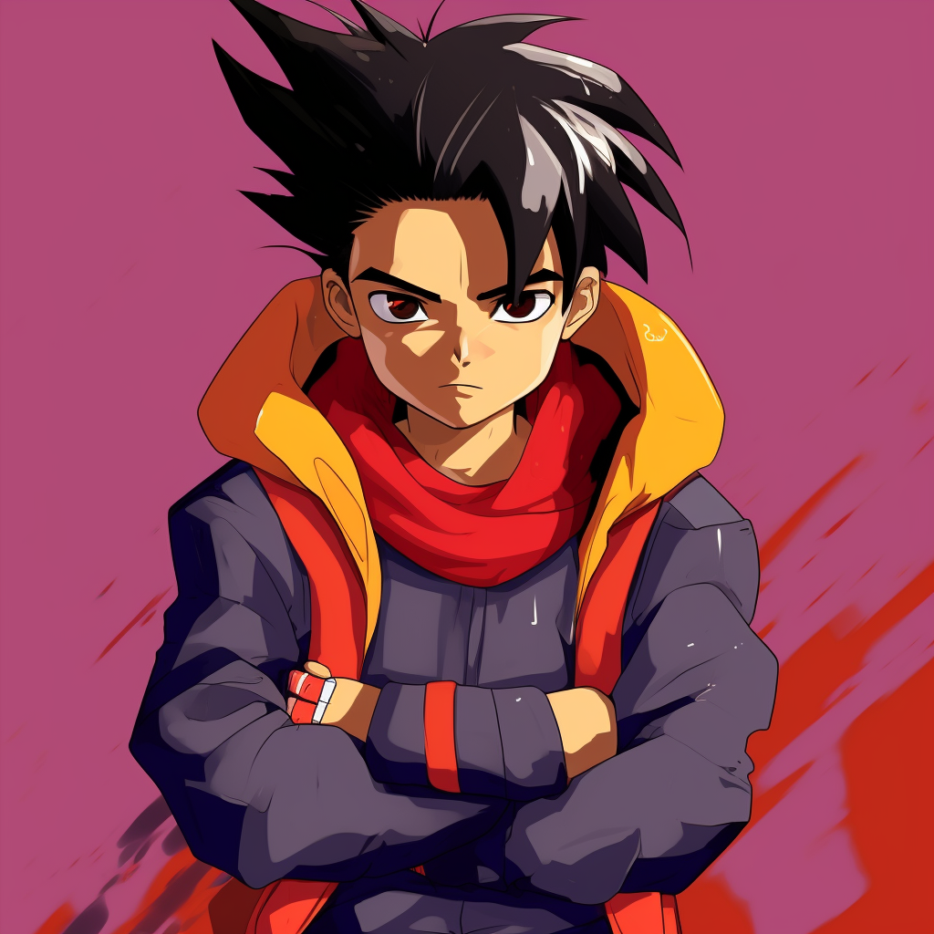 Gohan from Dragon Ball Z in a fashionable pose, punchy colors, and a charming wink. anime pfps with dripping charm pfp for discord.