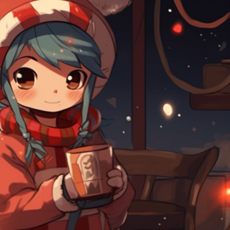 Two characters, soft pastel themes, enjoying a shared sleigh-ride against a serene evergreen backdrop. clever matching christmas cartoon pfp ideas pfp for discord.