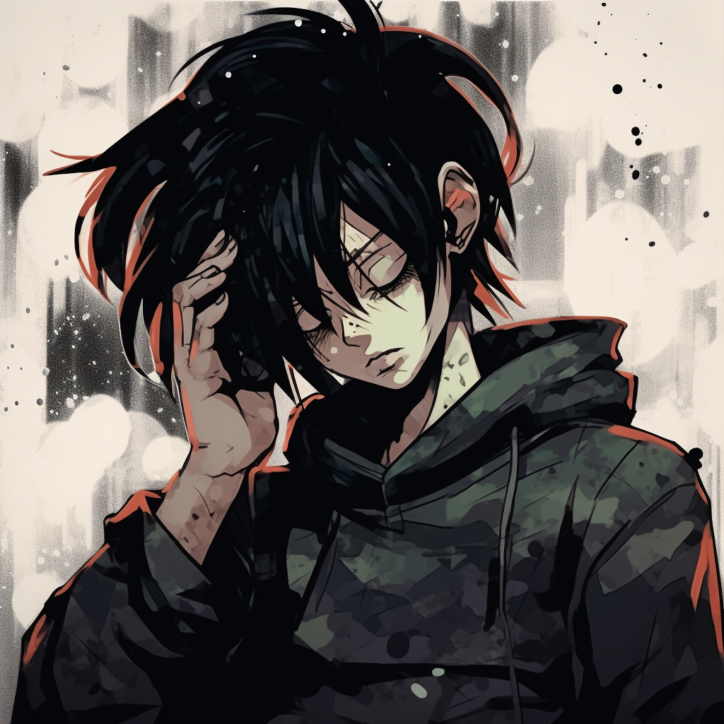 Individual anime character on a grunge-textured background, with emphasized facial expressions and dominant dark tones. appealing anime grunge pfp aesthetics pfp for discord.