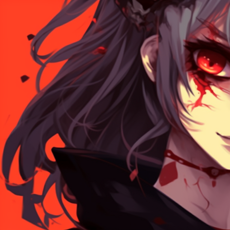 Two characters as vampire and victim, high contrast and blood-red accents, in a mesmerizing posture. spooky matching halloween themed non anime profile pictures pfp for discord.