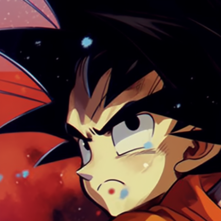 Two characters, Goku and Chichi, radiating with energy, intense colors reflect their power. goku and chichi matching portraits pfp for discord.