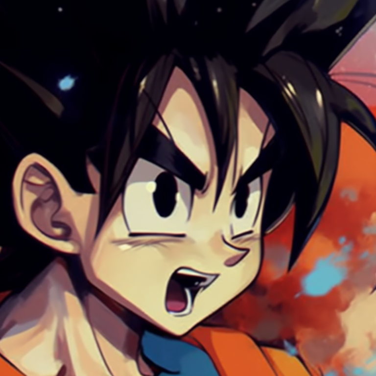 Two characters, Goku and Chichi, radiating with energy, intense colors reflect their power. goku and chichi matching portraits pfp for discord.