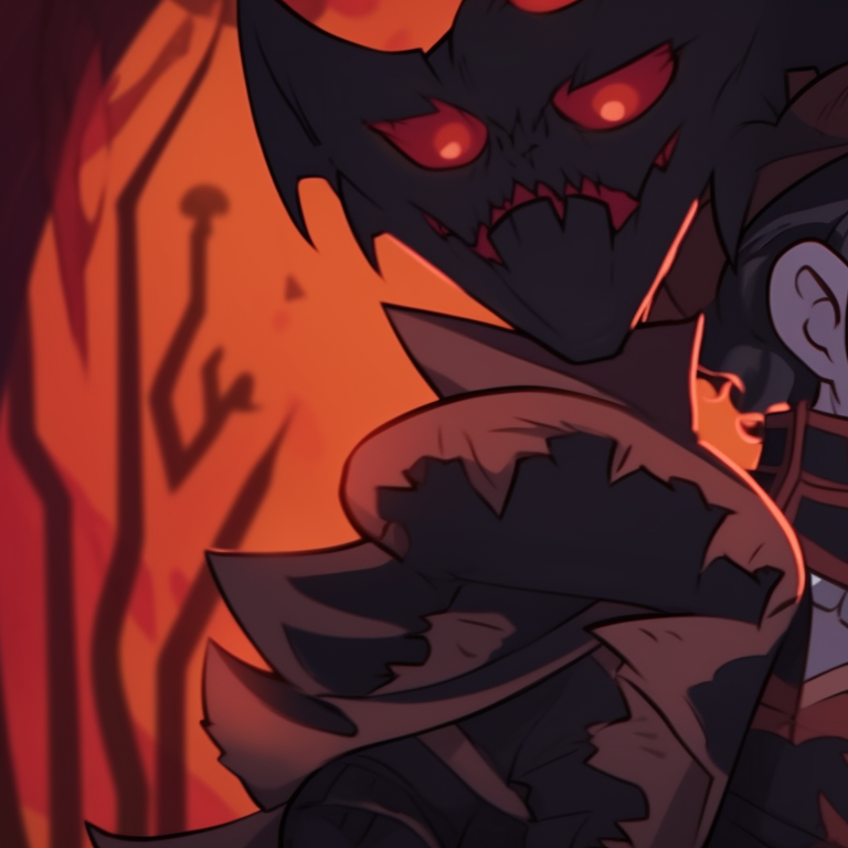 Blitzo and Stolas under an eerie moonlit backdrop, presenting a fusion of dark colors and a chilling romance. blitzo x stolas halloween pfps pfp for discord.