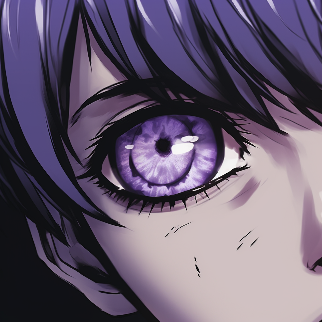 Close-up of an anime character with violet eyes, expressing mystery and allure, enhanced with fine shading and detailing. anime eyes pfp aesthetics