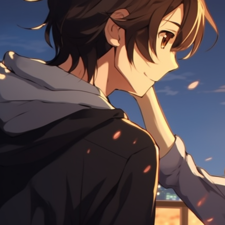 Two characters, simple lines and complementary colors, seated in comfortable silence. horimiya season insight pfp for discord.