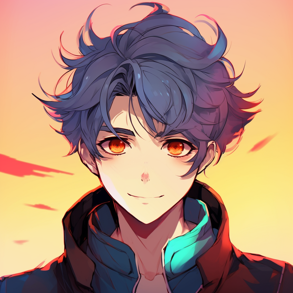 A quirky male anime character's portrait, featuring detailed accessories and unique outfit. quirky male anime pfp