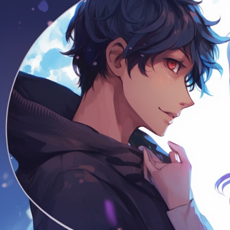 Two characters in traditional outfits, vibrant colors and swirling patterns, sharing a loving gaze. iconic matching anime pfp for couples pfp for discord.