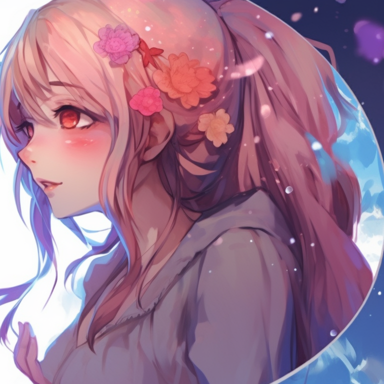 Two characters in traditional outfits, vibrant colors and swirling patterns, sharing a loving gaze. iconic matching anime pfp for couples pfp for discord.