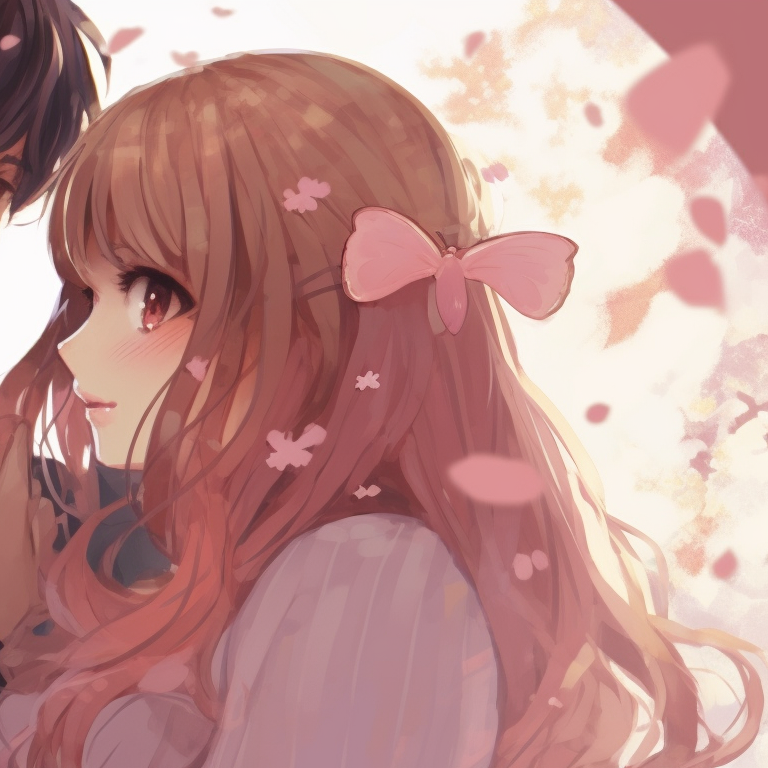 Two characters gazing into each other's eyes, using pastel colors and soft lines. shojo anime matching pfp couple pfp for discord.