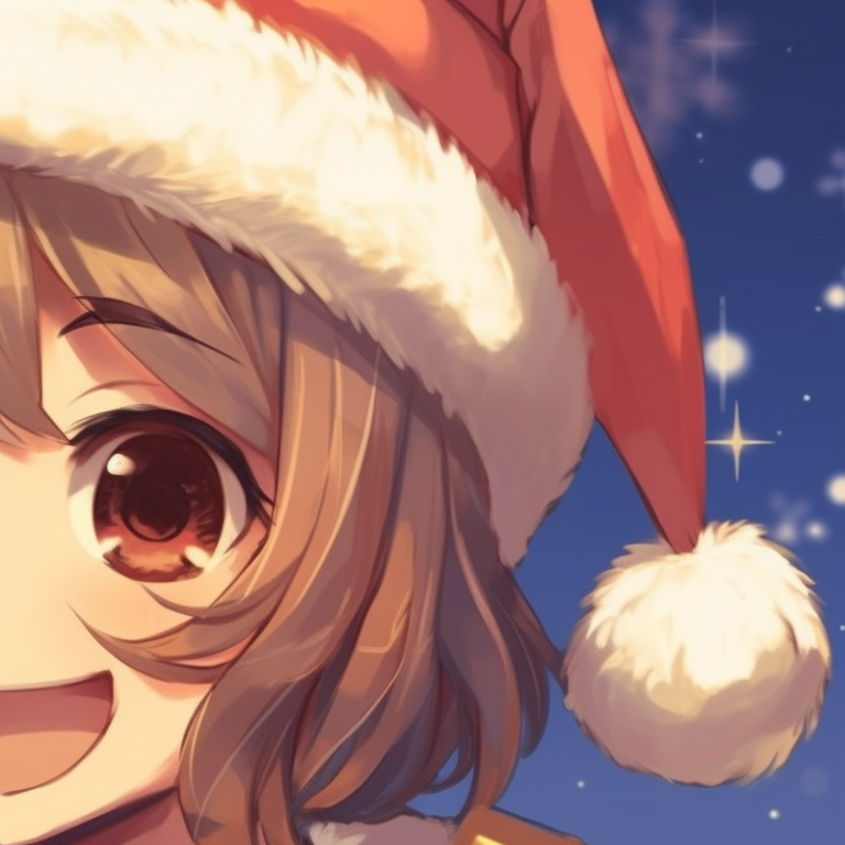 Close-up of two characters, bright colors and focus on the warm details of their matching Santa hats. top-rated matching christmas anime girl pfp pfp for discord.