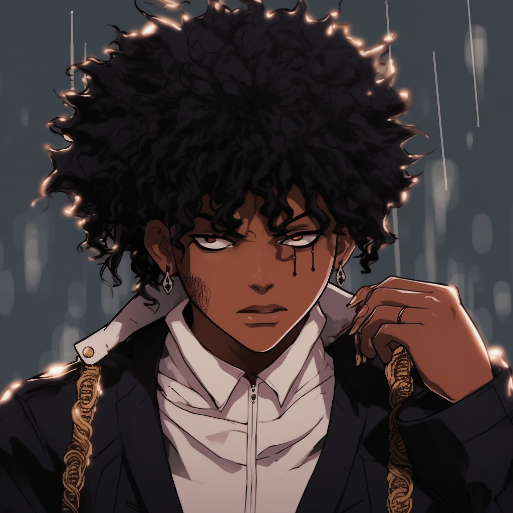 Noble stance of a black anime character, depicting confidence and power, with high contrast and strong outlines. alluring black anime boy characters pfp