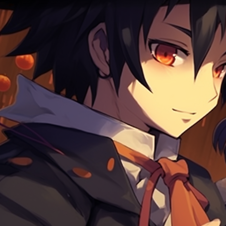 Shinobu and Giyuu with lit pumpkin lanterns, intricate shadowing and somber colors setting the mood. shinobu and giyuu halloween themed art pfp for discord.