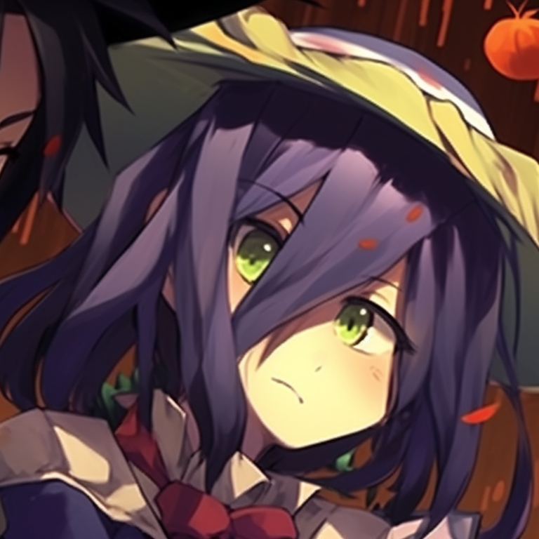 Shinobu and Giyuu with lit pumpkin lanterns, intricate shadowing and somber colors setting the mood. shinobu and giyuu halloween themed art pfp for discord.