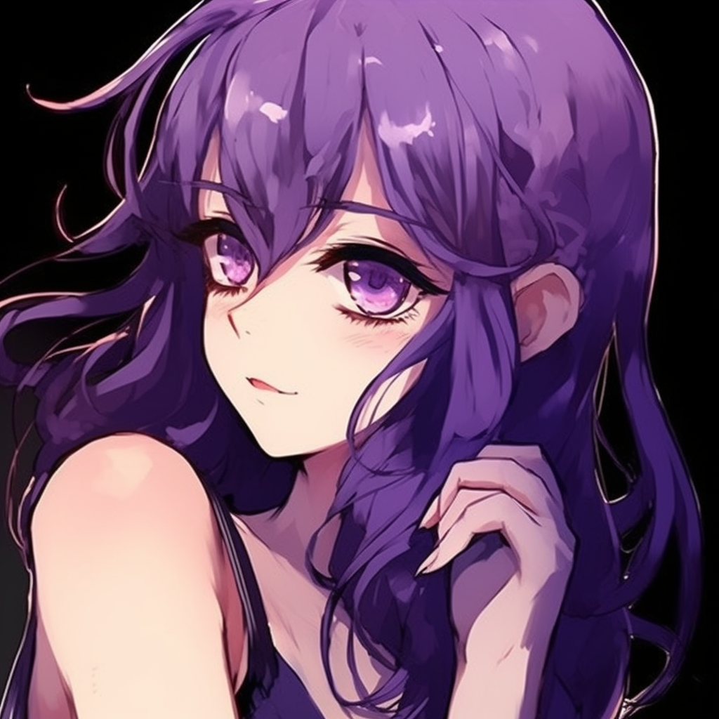 A detailed profile of a purple-haired anime girl, characterized by sharp lines and soft shades of purple. charming purple anime pfp pfp for discord.