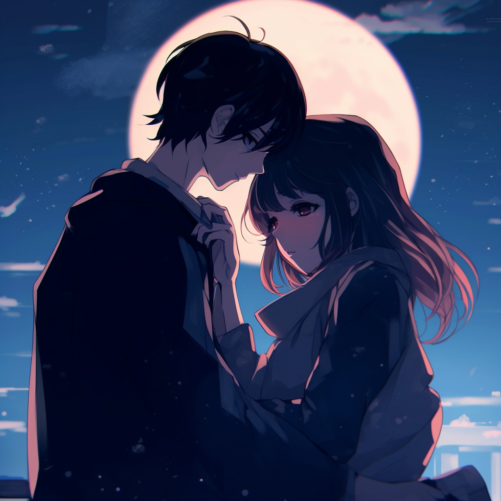 Anime lovebirds lost in each other under star-lit sky, contrasting colors. adorable anime couple pfp