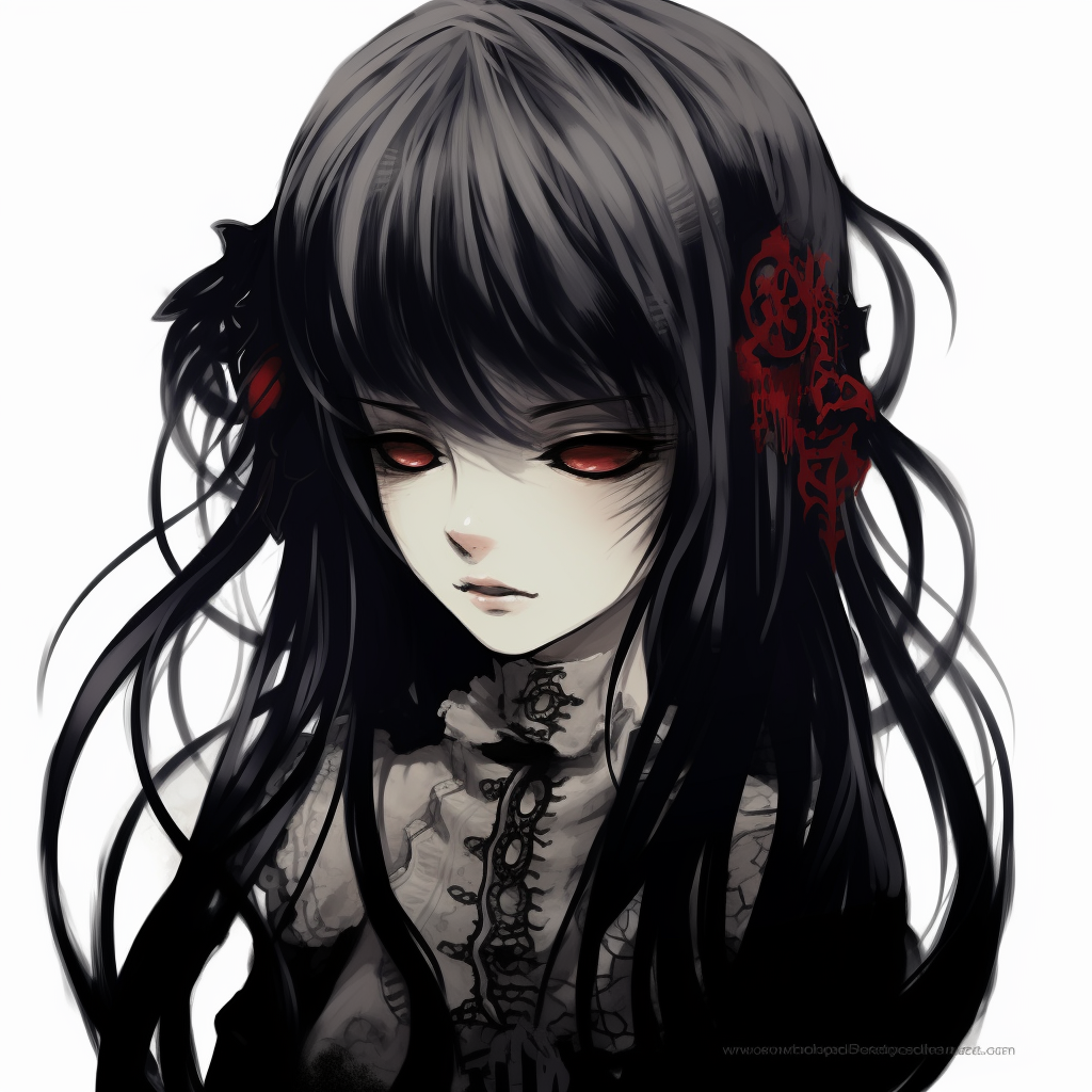 A spooky anime girl with bandages and ghoulish features, centralizing on a pale color palette with dark tones. anime girl goth pfp